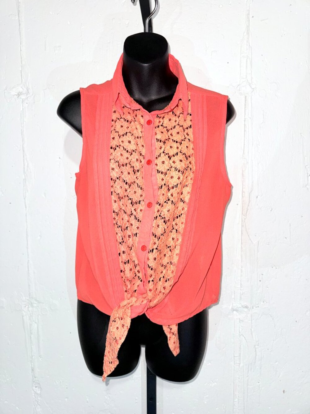 Y2K Lai Lai Peach Floral & Lace Tie Up Tank Blouse Size Medium